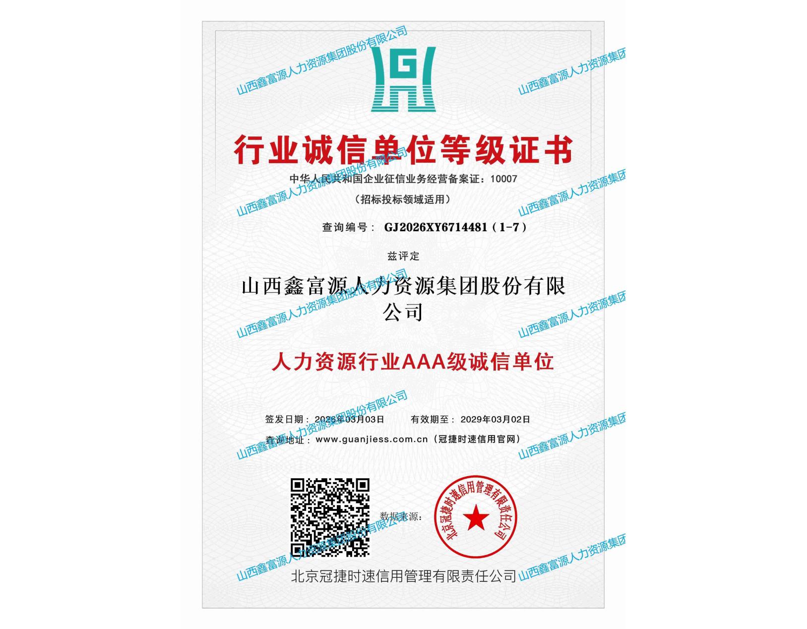行業(yè)誠(chéng)信單位等級(jí)證書